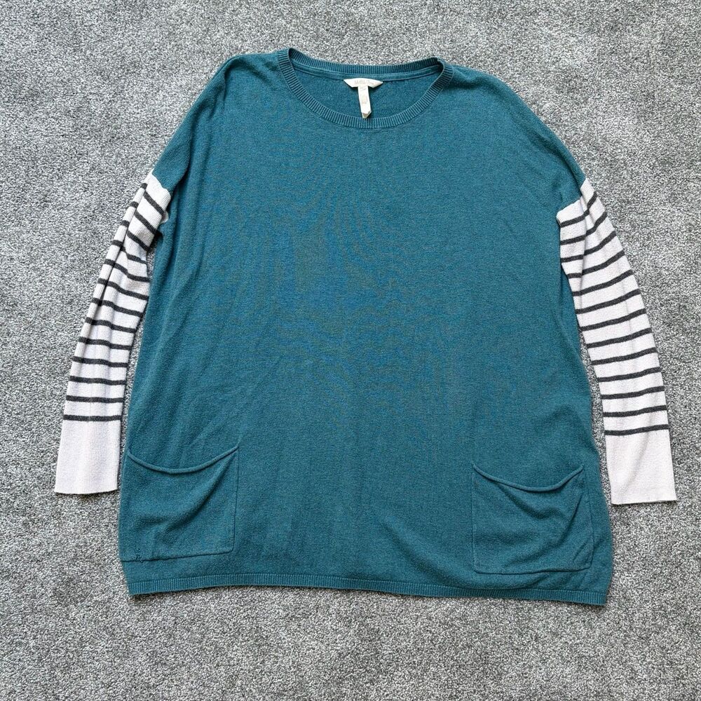 Matilda Jane Women Corie Pullover Boho Sweater Tunic Teal Striped Sleeves L